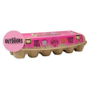 A carton of Happy Hens Truly Outdoors Eggs - One Dozen Extra Large Beyond Pasture Raised Eggs with a bright pink label