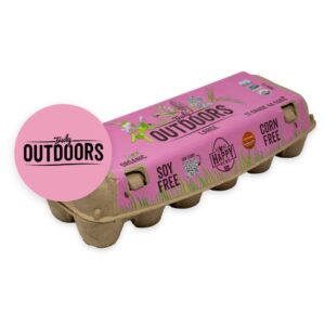 A carton of Happy Hens Truly Outdoors Eggs - One Dozen Large Beyond Pasture Raised Eggs with a medium pink label