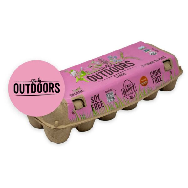 A carton of Happy Hens Truly Outdoors Eggs - One Dozen Large Beyond Pasture Raised Eggs with a medium pink label