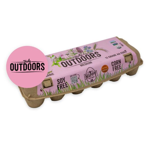 A carton of Happy Hens Truly Outdoors Eggs - One Dozen Medium Beyond Pasture Raised Eggs with a pale pink label